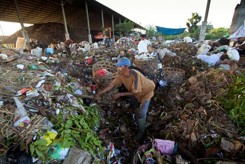 People from Java island working in a scavenging at the dump on April 11, 2012 on Bali, Indonesia. Bali daily produced 10,000 cubic meters of waste.